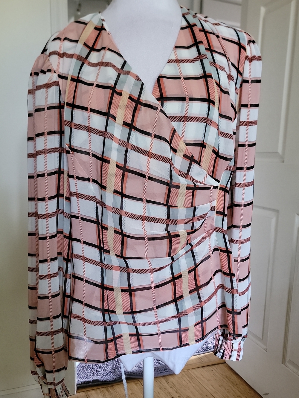 Plaid Pink Wrap-Style Blouse